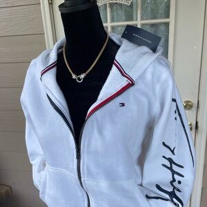 Tommy Hilfiger Women's White Hoodie Jacket with Black and Red Accents